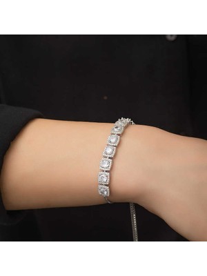 925 Gümüş Gümüş Kare Baget Taşlı Asansörlü Bileklik