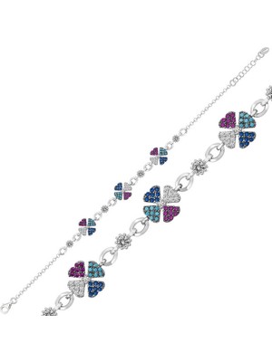 925 Gümüş Gümüş Yonca Renkli Bayan Bileklik