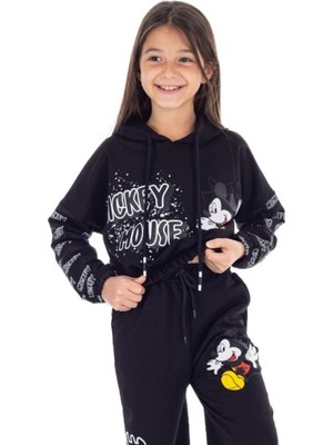 Riccotarz Kız Çocuk Mickey Mouse Beli Lastikli Bol Paça Siyah Eşofman Takım