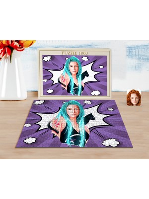 BK Kişiye Özel Kedili Kız Karikatürlü 1000 Parça Profesyonel Puzzle-1