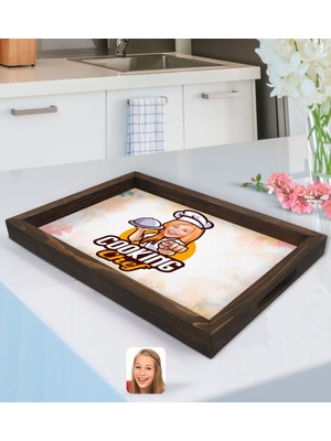 BK Kişiye Özel Kadın Chef Karikatürlü Doğal Ahşap Tepsi-15