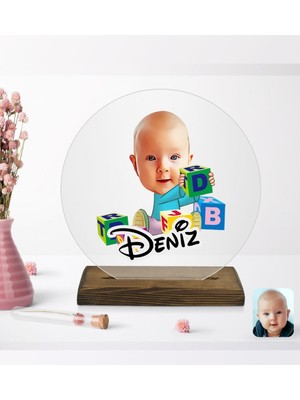 BK Kişiye Özel Bebek Karikatürlü Yuvarlak Ahşap Standlı Biblo-5