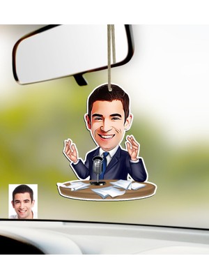 Kişiye Özel Bay Sunucu Spiker Karikatürlü Ahşap Araba Dikiz Ayna Süsü