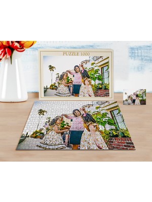 BK Kişiye Özel Tam Boy Anne ve Ikiz Çocuklar Karikatürlü 1000 Parça Profesyonel Puzzle-1