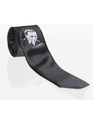 Gaffy Çocuk Boy Atatürk ve Imza Baskılı Saten Siyah Kravat - Ck-29