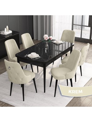 Canisa Concept Noa Serisi,80 x 132 cm Açılabilir Mdf Masa Takımı,siyah Mermer Desen Masa 6 Sandalye Gümüş Halkalı