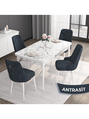 Canisa Concept Noa Serisi,80 x 132 cm Açılabilir Mdf Masa,beyaz Mermer Desen Mutfak Masa Takımı, 4 Sandalye Gümüş Halkalı