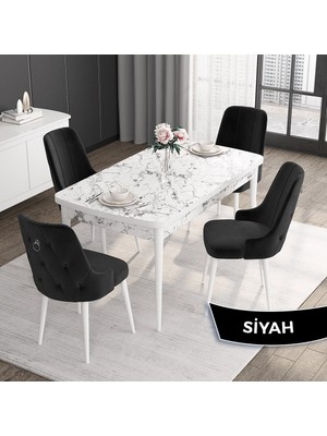 Canisa Concept Noa Serisi,80 x 132 cm Açılabilir Mdf Masa,beyaz Mermer Desen Mutfak Masa Takımı, 4 Sandalye Gümüş Halkalı