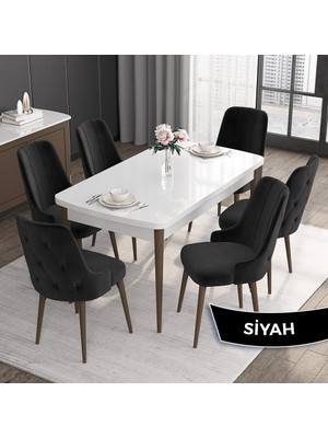 Canisa Concept Roy Serisi, 80 x 132 cm Açılabilir Mdf Masa Takımı, Beyaz Masa Ceviz Ayak 6 Sandalye