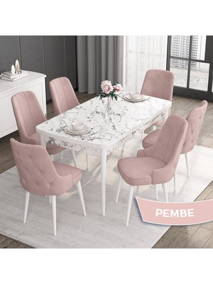 Canisa Concept Roy Serisi,80 x 132 cm Açılabilir Mdf Masa,beyaz Mermer Desen Mutfak Masa Takımı, 6 Sandalye