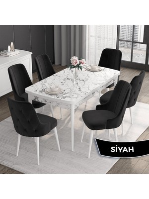 Canisa Concept Roy Serisi,80 x 132 cm Açılabilir Mdf Masa,beyaz Mermer Desen Mutfak Masa Takımı, 6 Sandalye