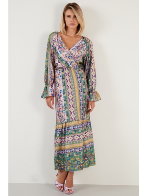 Lela Desenli Rahat Kalıp Kruvaze Yaka Elbise Bayan Elbise 6058062