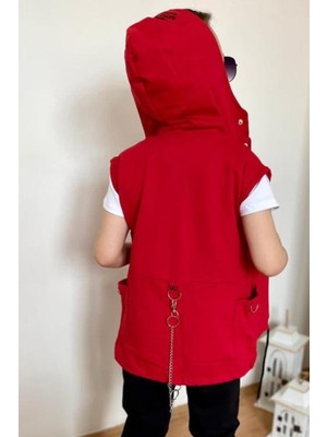 Riccotarz Erkek Çocuk Arkası Zincir Detaylı Önü Çıtçıt Düğmeli ve Kapüşonlu Kırmızı-Siyah Eşofman Takım