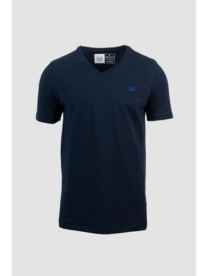 Mabross Erkek Lacivert Pamuklu Likralı V-Yaka Slim Fit T-Shirt