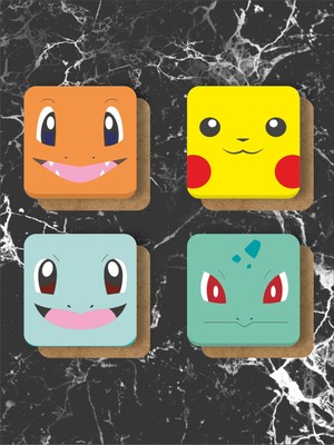 Karbon Soft Pokemon Temalı Bardak Altlığı Ahşap Baskılı Altlık 4'lü set (9 x9CM)