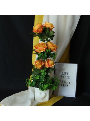 Mory Concept Çiçek Taş Saksı Kalpli Sarı Ateş Renkli Güller 6 Adet Yapay Yeşilliklerle Sarılı