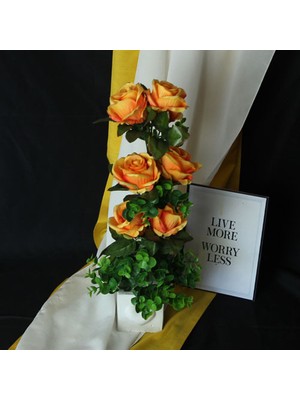 Mory Concept Çiçek Taş Saksı Kalpli Sarı Ateş Renkli Güller 6 Adet Yapay Yeşilliklerle Sarılı