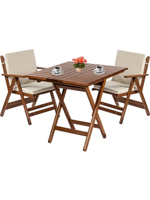 Bahçeme Antalya Ahşap Bahçe Balkon Takımı: 60X60 Masa + 2 Minderli Sandalye | Katlanır  Set