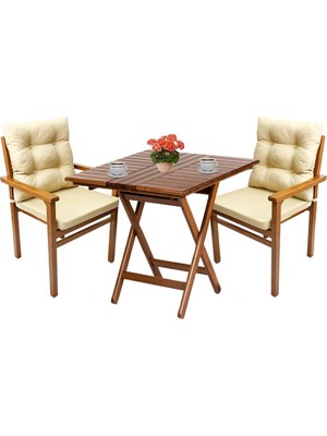 Bahçeme Manavgat Ahşap Bahçe Balkon Seti | 60X80 Katlanır Masa + 2 Minderli Sandalye Takımı