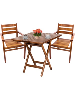 Bahçeme Manavgat Ahşap Bahçe Balkon Takımı | 70X70 Katlanır Masa + 2 Sandalye Set