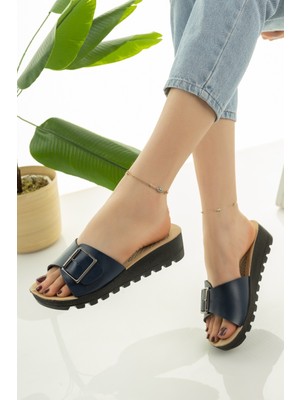 Moda Fırsat Lacivert Kadın Dolgu Topuk Terlik Şık Rahat Deniz Plaj Çeyiz Bohça Terliği