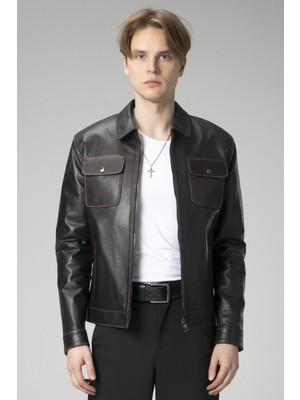Dericlub Erkek Mont Gerçek Deri Kısa Model Düz Desen Siyah 2021 Sonbahar-Kış