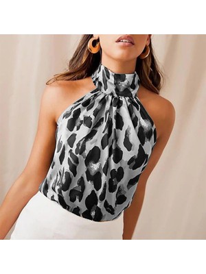 Rengamoda Leopar Desenli Mikro Kumaş Bluz (Gri)