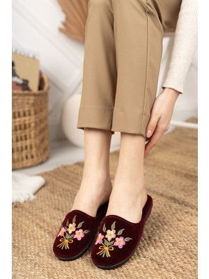 Moda Fırsat Bordo Buket Kadın Ev Terliği Kışlık Kapalı Yumuşak Rahat Terlik Nakışlı Çeyiz Bohça Terliği