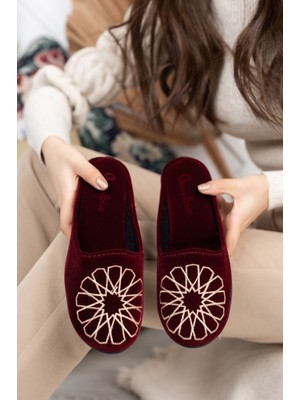 Moda Fırsat Bordo Kadın Hitit Ev Terliği Kışlık Kapalı Yumuşak Taban Rahat Terlik Nakışlı Çeyiz Bohça Terliği