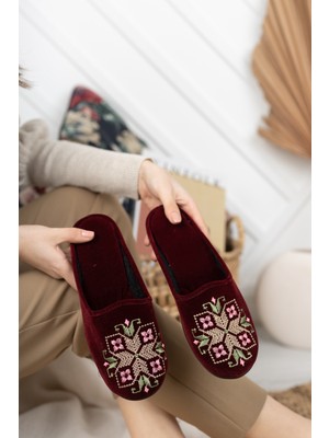 Moda Fırsat Bordo Kanaviçe Kadın Ev Terliği Kışlık Kapalı Yumuşak Rahat Terlik Nakışlı Çeyiz Bohça Terliği