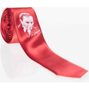 Çocuk Boy Atatürk ve Imza Baskılı Saten Kırmızı Kravat - Ck-28