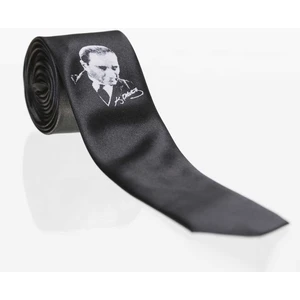 Çocuk Boy Atatürk ve Imza Baskılı Saten Siyah Kravat - Ck-29