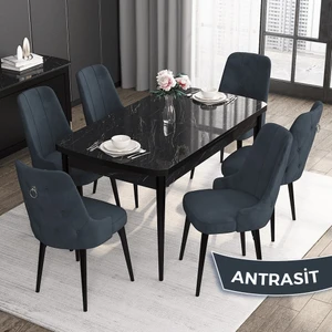 Concept Noa Serisi,80 x 132 cm Açılabilir Mdf Masa Takımı,siyah Mermer Desen Masa 6 Sandalye Gümüş Halkalı