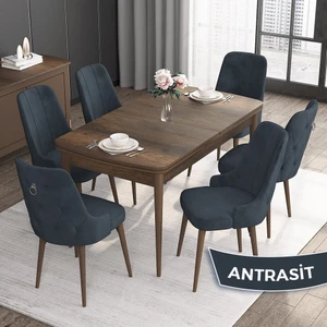 Concept Noa Serisi, 80 x 132 cm Mdf Masa Takımı, Barok Ahşap Desen Masa 6 Sandalye, Gümüş Halkalı