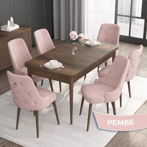 Concept Noa Serisi, 80 x 132 cm Mdf Masa Takımı, Barok Ahşap Desen Masa 6 Sandalye, Gümüş Halkalı