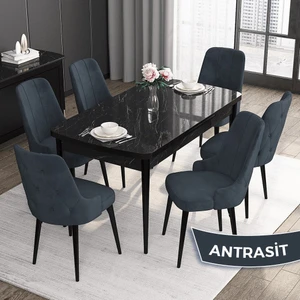 Concept Roy Serisi, 80 x 132 cm Açılabilir Mdf Mutfak Masa Takımı,siyah Mermer Desen Masa 6 Sandalye