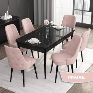 Concept Roy Serisi, 80 x 132 cm Açılabilir Mdf Mutfak Masa Takımı,siyah Mermer Desen Masa 6 Sandalye