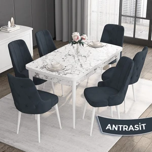 Concept Roy Serisi,80 x 132 cm Açılabilir Mdf Masa,beyaz Mermer Desen Mutfak Masa Takımı, 6 Sandalye