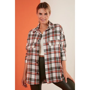 Pamuklu Ekoseli Oversize Cepli Kışlık Uzun Gömlek Bayan Gömlek 6230182