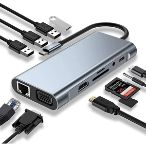 Macbook Pro Air Type C Hub Pd Şarj HDMI Sd Network VGA Girişli 11 In 1 Çevirici Dönüştürücü Çoklayıcı