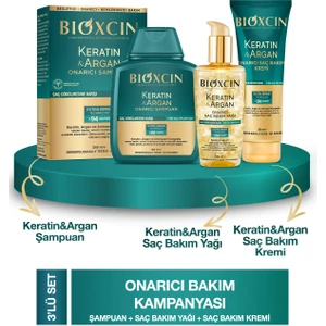 Keratin & Argan Onarıcı Şampuan 300ML + Keratin Argan Saç Bakım Yağı + Saç Kremi