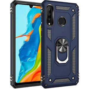 Samsung Galaxy A20S Kılıf Yüzüklü Standlı Tank Çift Katmanlı Vega Mavi