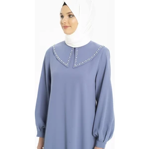 Bebek Yakalı Taş Işlemeli Indigo Tesettür Elbise 5319