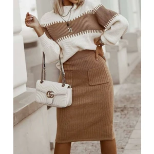 Cep Detay Etek Kazak Triko Ikili Takım (Kahve)