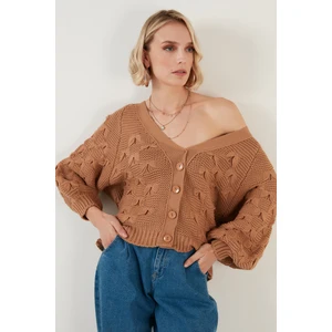 V Yaka Düğmeli Örgülü Triko Hırka Bayan Hırka 6310007