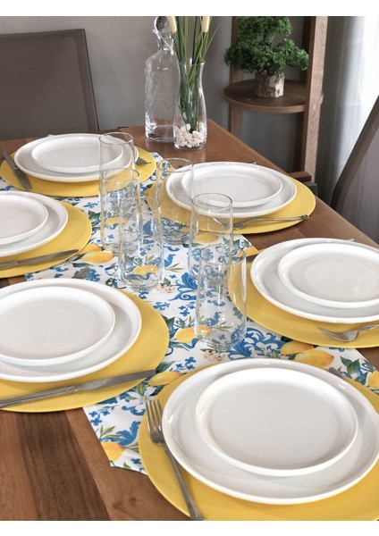 Amerikan Servis Limon Çiçeği Desen Takım 6 Supla ve Runner Örtü Kombin1