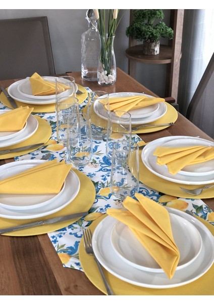 Amerikan Servis Limon Çiçek Desen Takım 6 Supla, 6 Kumaş Peçete ve Runner Örtü Kombin 3