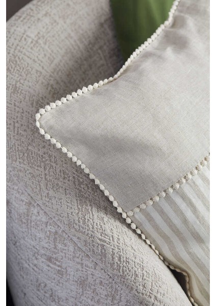 Bej Keten Çizgili Ponponlu Kırlent Kılıfı - 45x45 cm fiyatları