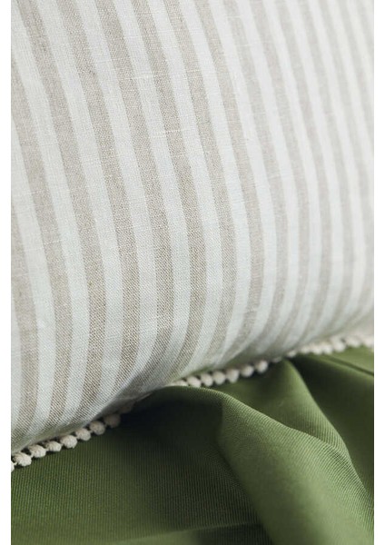 Bej Keten Çizgili Ponponlu Kırlent Kılıfı - 45x45 cm modelleri