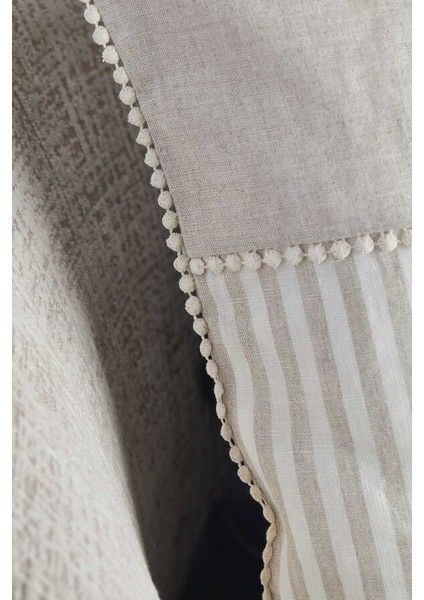 Bej Keten Çizgili Ponponlu Kırlent Kılıfı - 45x45 cm fırsatları